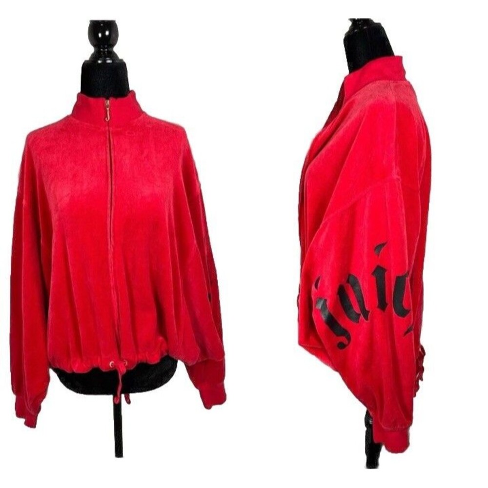 Juicy Couture M Red Velour Batwing Zip Up Hoodie Sweatshirt Jacket Spellout Y2K